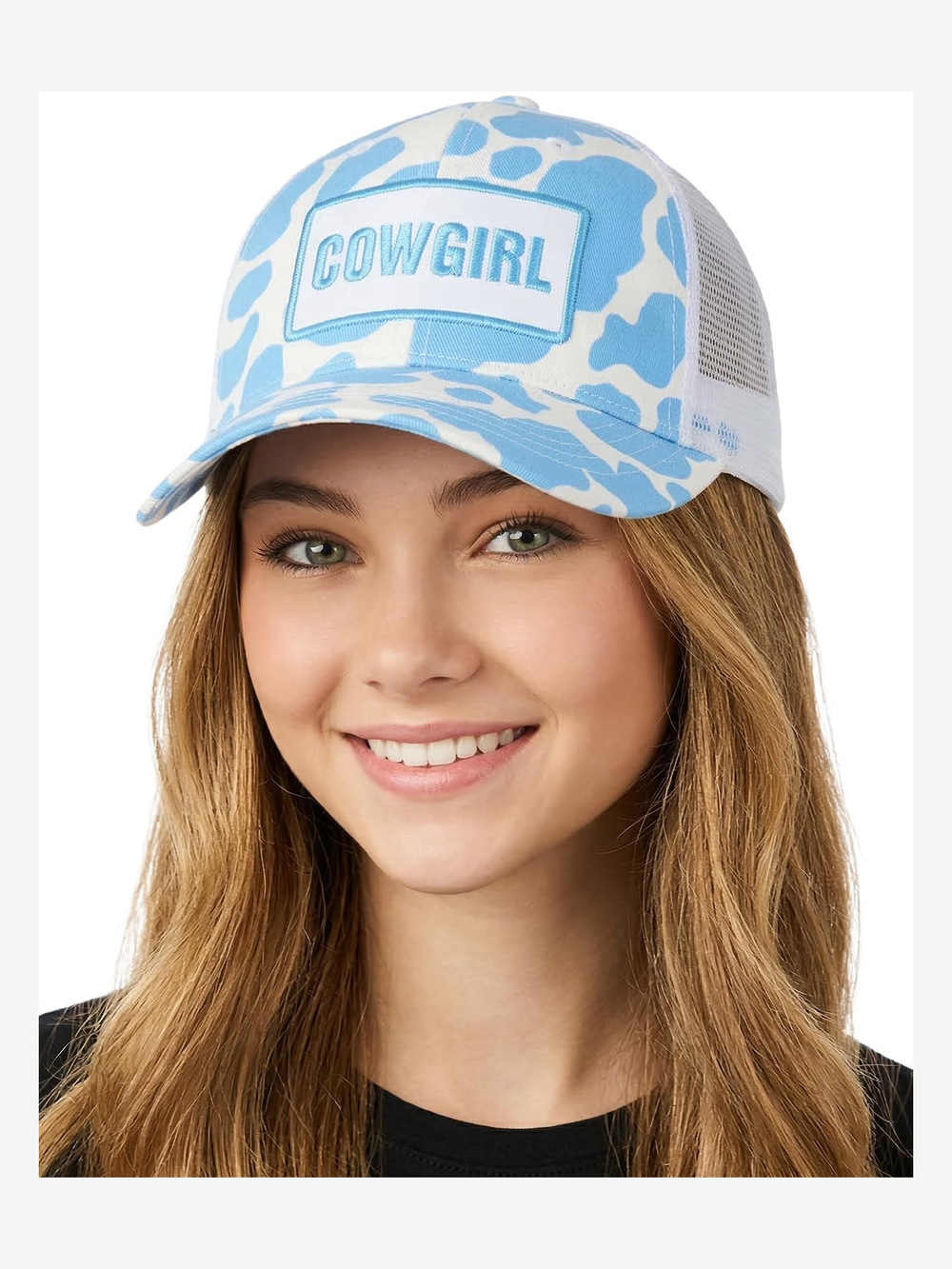 Distressed Mesh Low Profile Trucker | Cow Girl (Cow Print, Light Blue) | Size OS